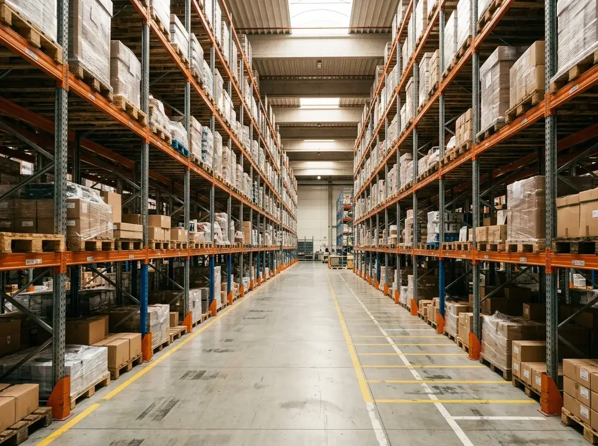 Allée d'entrepôt logistique avec racks de stockage métallique, chariot de manutention et marquage au sol, lumière industrielle neutre