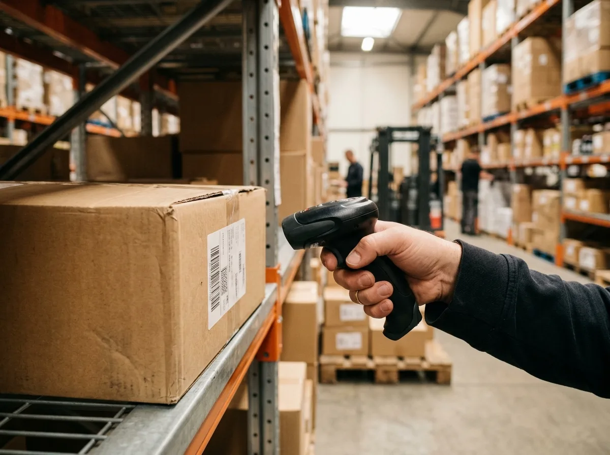 Main tenant une douchette de scan face à une étiquette code-barres sur un rack de stockage d'entrepôt