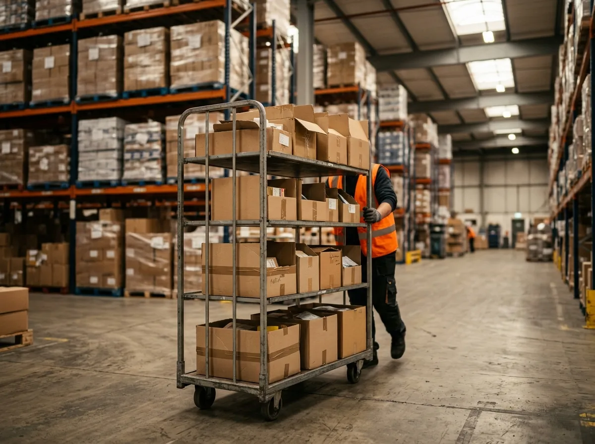 Chariot de préparation de commandes dans une allée d'entrepôt, cartons partiellement remplis, racks de stockage en arrière-plan
